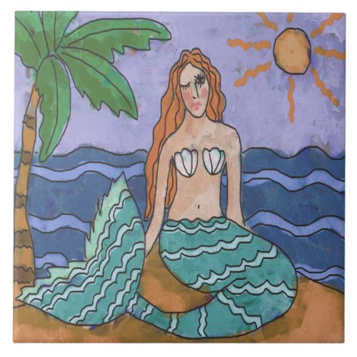 Mermaid and Palm Tree Abstract Art Ceramic Tile