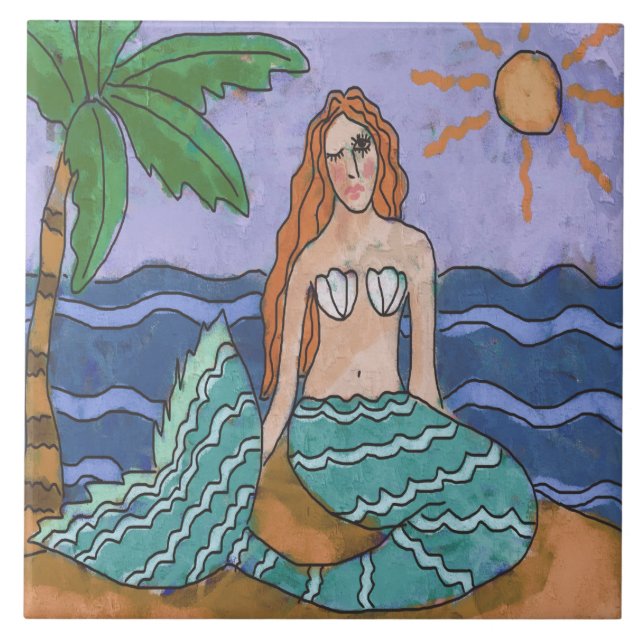Mermaid and Palm Tree Abstract Art Ceramic Tile (Front)