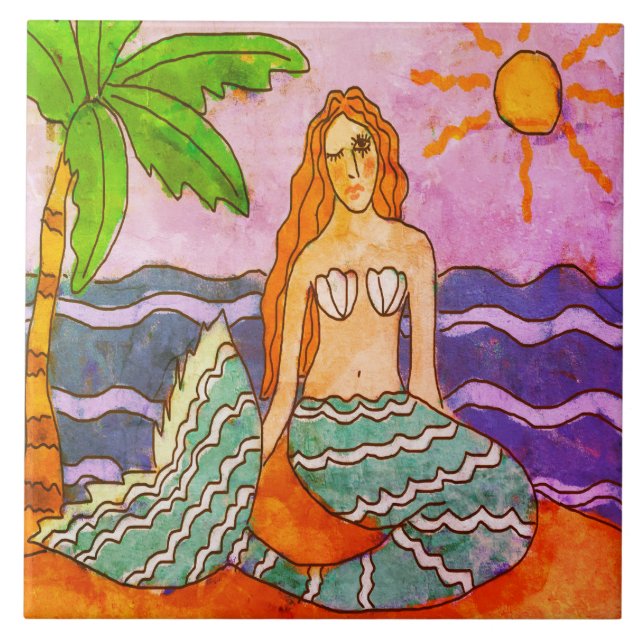 Mermaid and Palm Tree Abstract Art Ceramic Tile (Front)