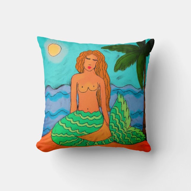 Mermaid and Palm Tree Abstract Art Throw Pillow (Front)