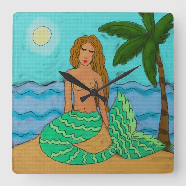 Mermaid and Palm Tree Abstract Painting Square Wal Wall Clock (Front)