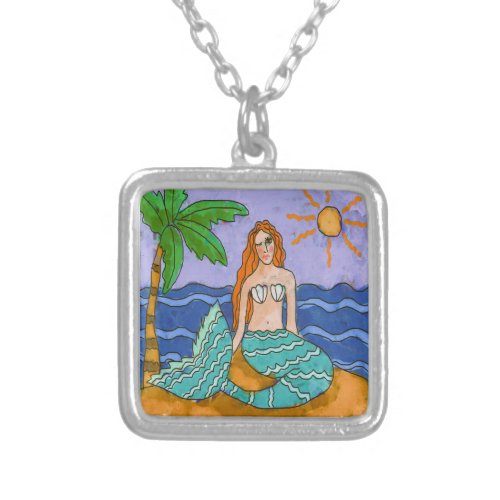 Mermaid and Palm Tree Wearable Art Silver Plated Necklace