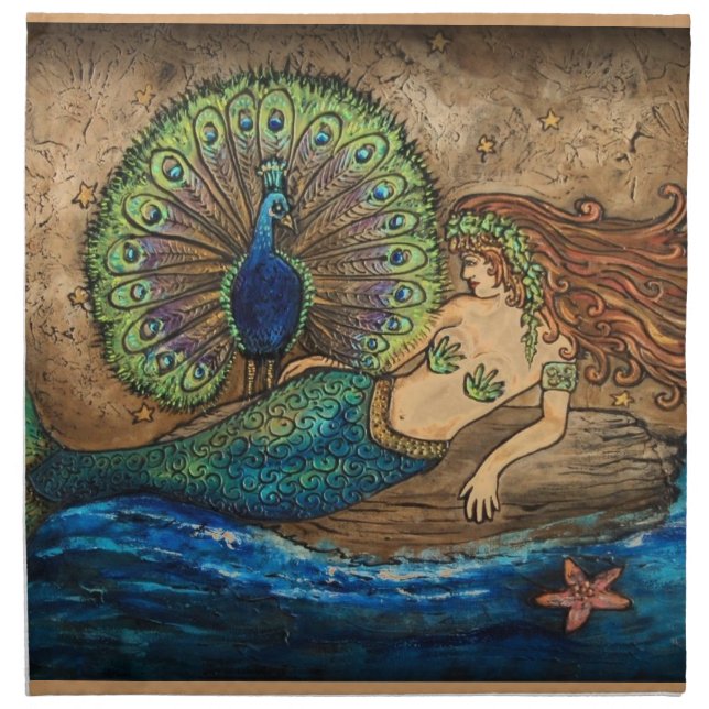 Mermaid and Peacock Cloth Napkin (Front)