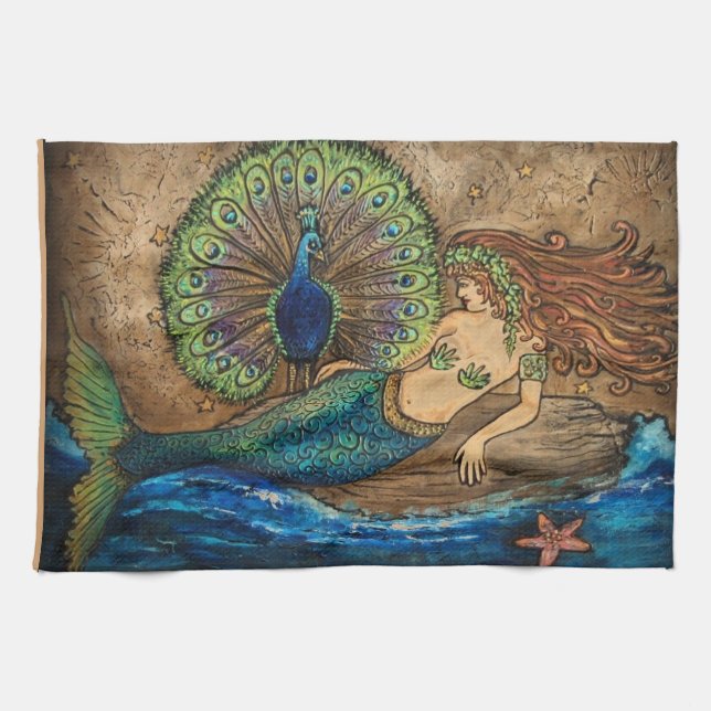 Mermaid and Peacock Kitchen Towel (Horizontal)