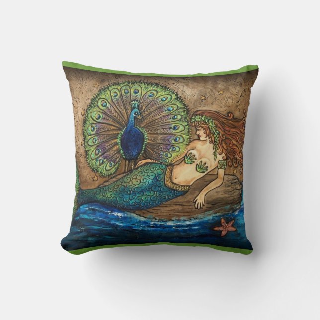 Mermaid and Peacock Toss Pillow (Front)