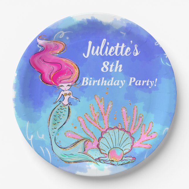 Mermaid And Pearl Clam Birthday  Paper Plates (Front)