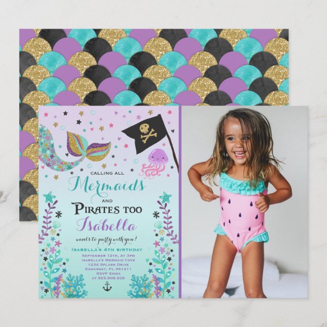 Mermaid And Pirate Birthday Invitation (Front/Back)