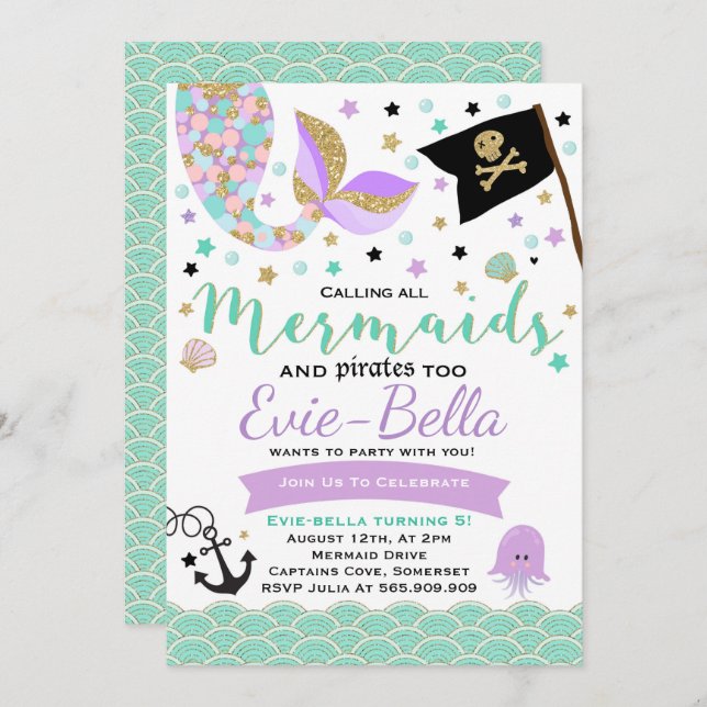 Mermaid And Pirate Birthday Invitation (Front/Back)