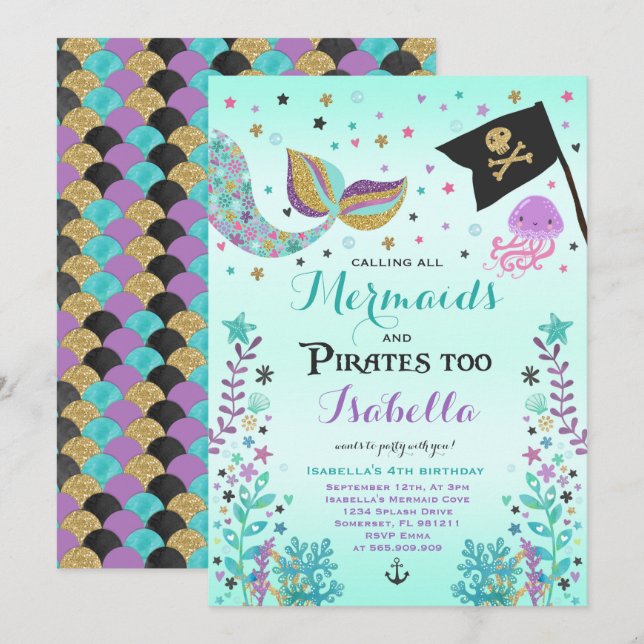 Mermaid And Pirate Birthday Invitation (Front/Back)