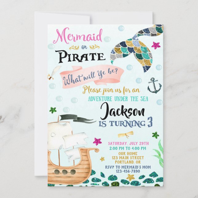 Mermaid and Pirate birthday invitation Boy Girl (Front)