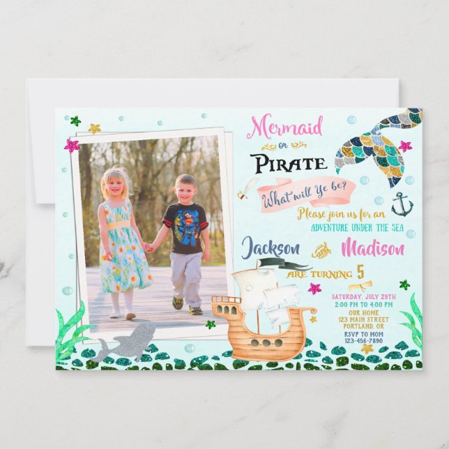 Mermaid and Pirate birthday invitation Boy Girl (Front)