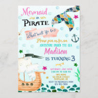 Mermaid and Pirate birthday invitation Boy Girl