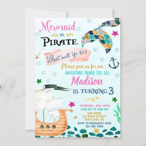 Mermaid and Pirate birthday invitation Boy Girl