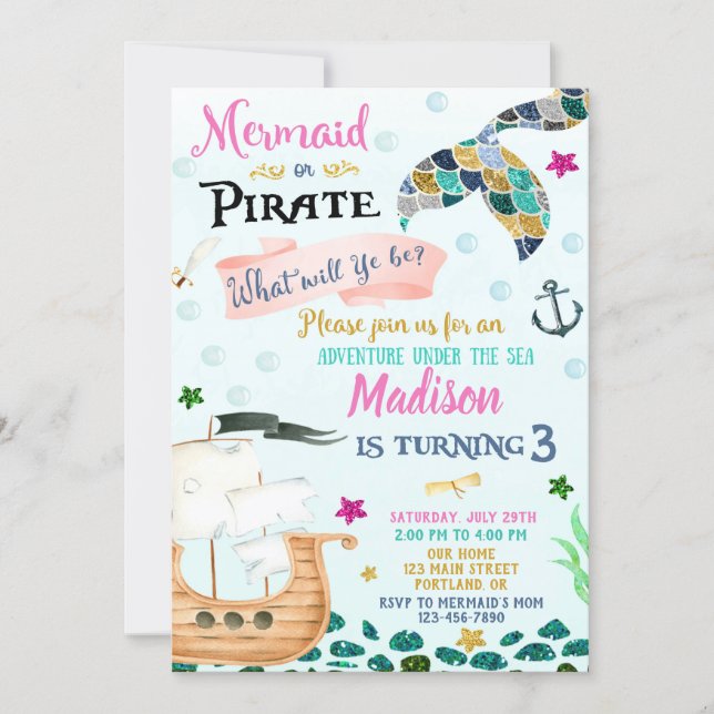 Mermaid and Pirate birthday invitation Boy Girl (Front)