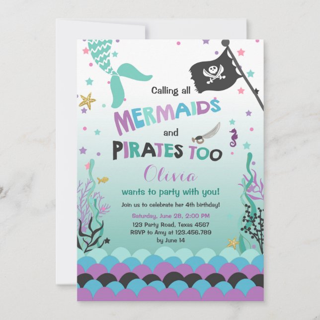Mermaid and Pirate birthday invitation Purple Blue (Front)