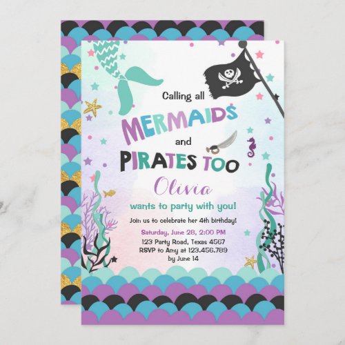 Mermaid and Pirate birthday invitation Purple Blue