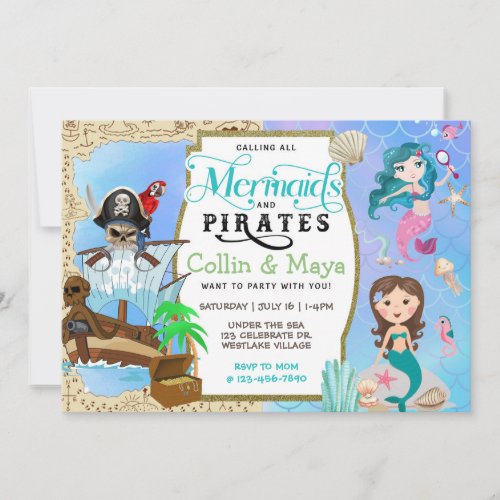 Mermaid And Pirate Birthday Joint Birthday Invite