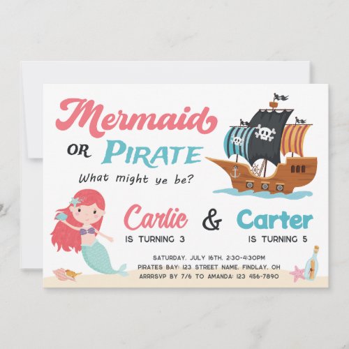 Mermaid and Pirate Joint Birthday Party Any Age Invitation