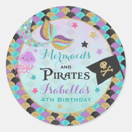 Mermaid And Pirate Party Favor Tag Sticker Seal