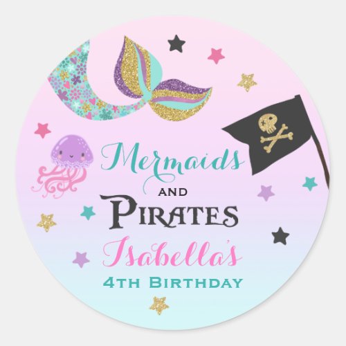 Mermaid And Pirate Party Favor Tag Sticker Seal
