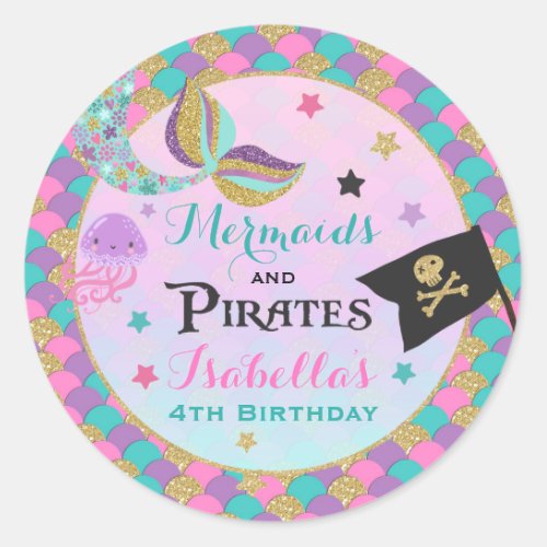 Mermaid And Pirate Party Favor Tag Sticker Seal