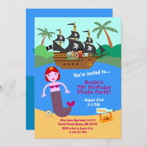 Mermaid and pirate ship Birthday Party  Invitation