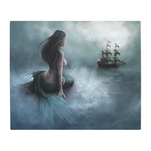 Mermaid and Pirate Ship Metal Print