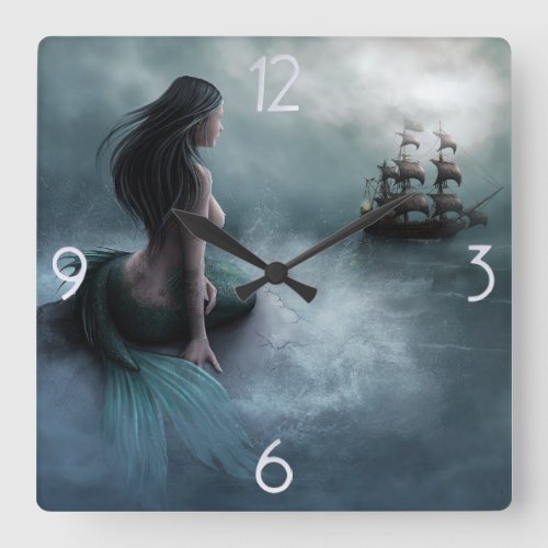 Mermaid and Pirate Ship Square Wall Clock