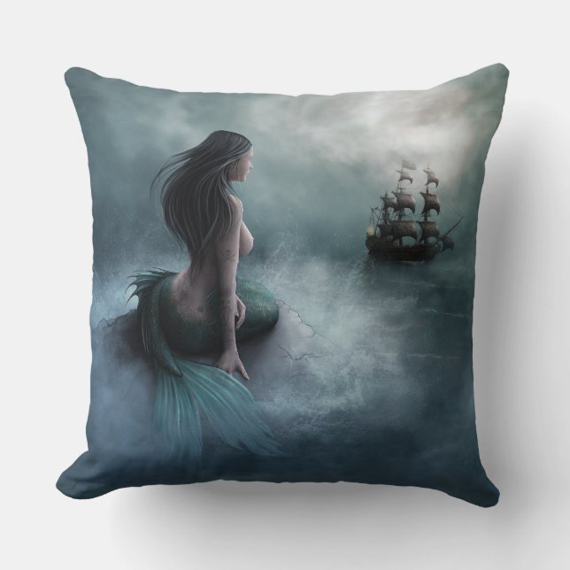 Mermaid and Pirate Ship Throw Pillow (Front)