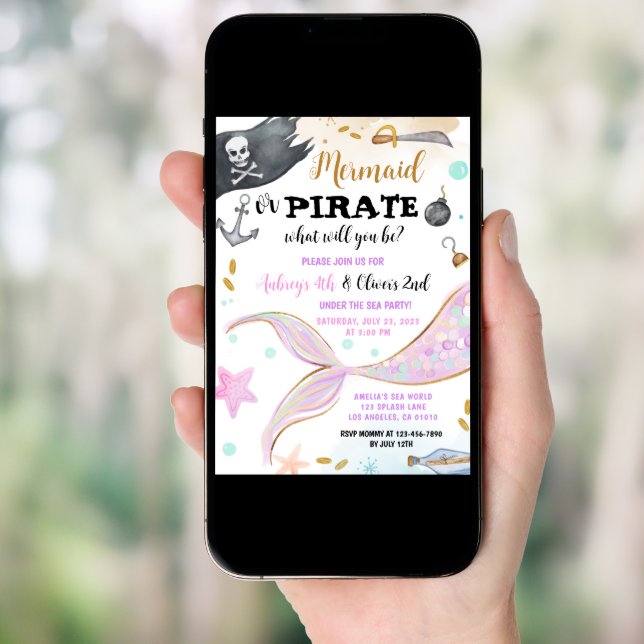Mermaid and Pirate Sibling Joint Birthday Invitation (Front Digital)