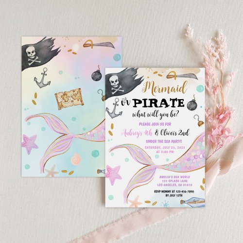 Mermaid and Pirate Sibling Joint Birthday Invitation