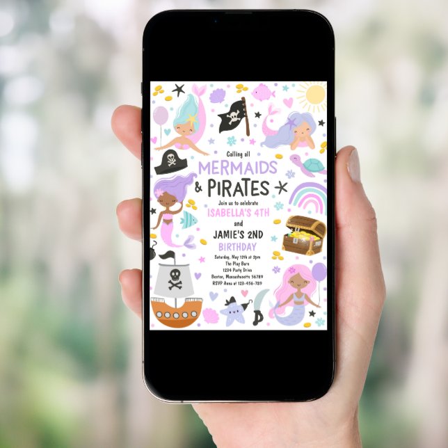 Mermaid And Pirate Sibling Joint Birthday Party  Invitation (Front Digital)