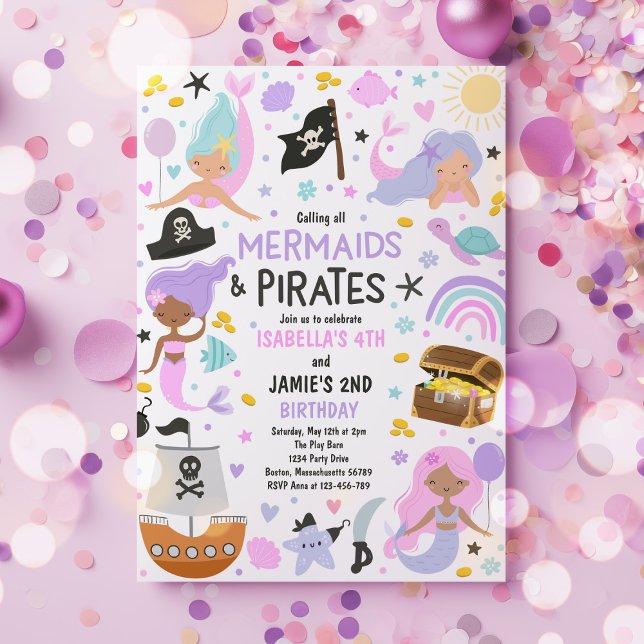 Mermaid And Pirate Sibling Joint Birthday Party  Invitation (Creator Uploaded)