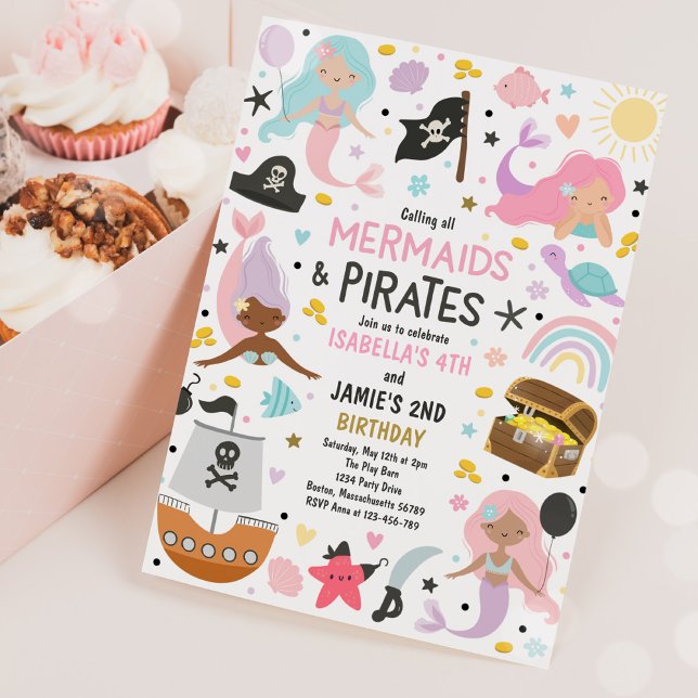 Mermaid And Pirate Sibling Joint Birthday Party  Invitation (Creator Uploaded)