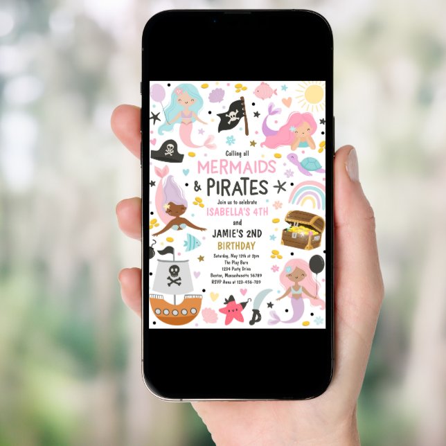 Mermaid And Pirate Sibling Joint Birthday Party  Invitation (Front Digital)