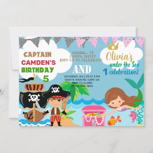 Mermaid and pirate siblings birthday invite invitation