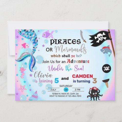Mermaid and pirate siblings invitation invitation