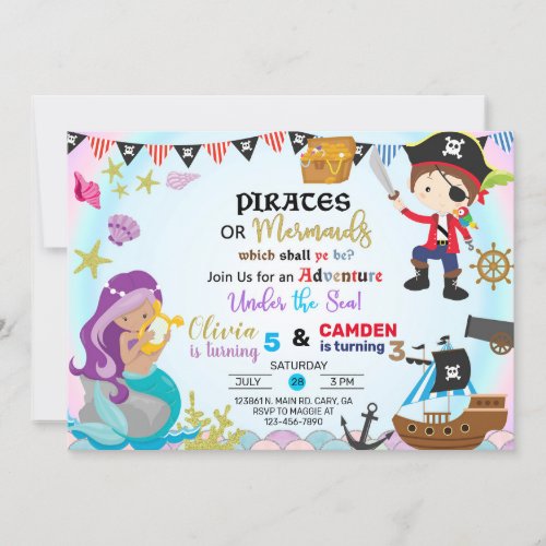 Mermaid and pirate siblings invitation invitation