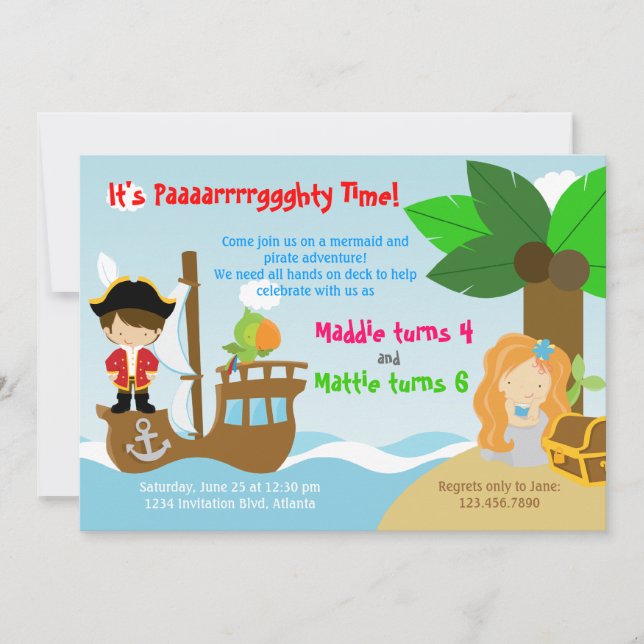 Mermaid and Pirate Twins Joint Birthday Party Invitation (Front)
