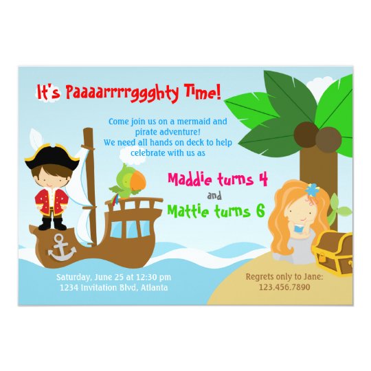 mermaid and pirate twins joint birthday party invitation zazzle com