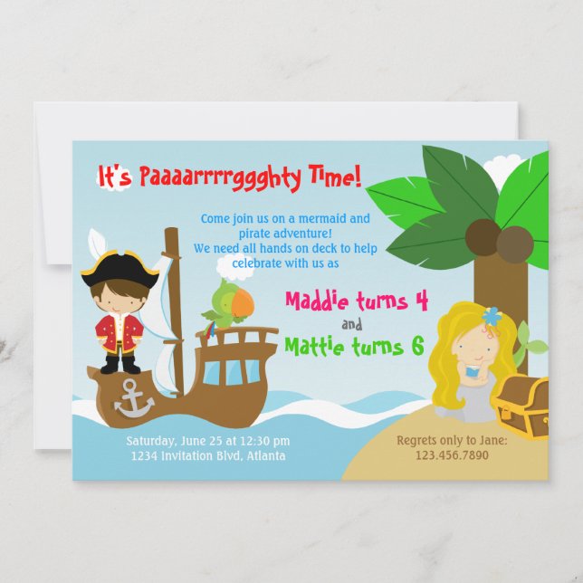 Mermaid and Pirate Twins Joint Birthday Party Invitation (Front)