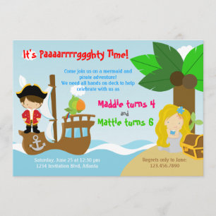 Mermaid and Pirate Twins Joint Birthday Party Invitation