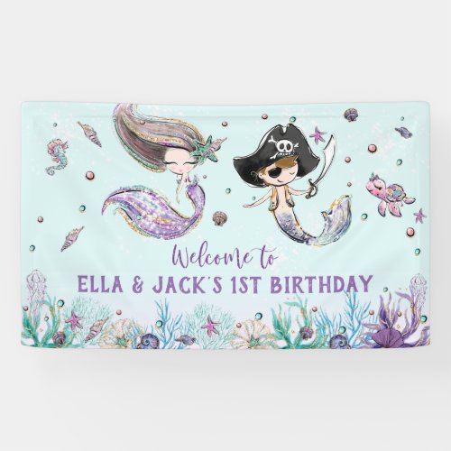 Mermaid and Pirate Under the Sea Birthday Backdrop Banner