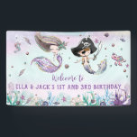 Mermaid and Pirate Under the Sea Birthday Backdrop Banner<br><div class="desc">Personalize this whimsical Mermaid and Pirate Backdrop Banner quickly and easily,  simply press the customize it button to further re-arrange and format the style and placement of the text.  Great for twins birthday party,  twins baby shower,  siblings brother sister birthday,  etc.  (c) The Happy Cat Studio.</div>