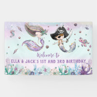 Mermaid and Pirate Under the Sea Birthday Backdrop Banner