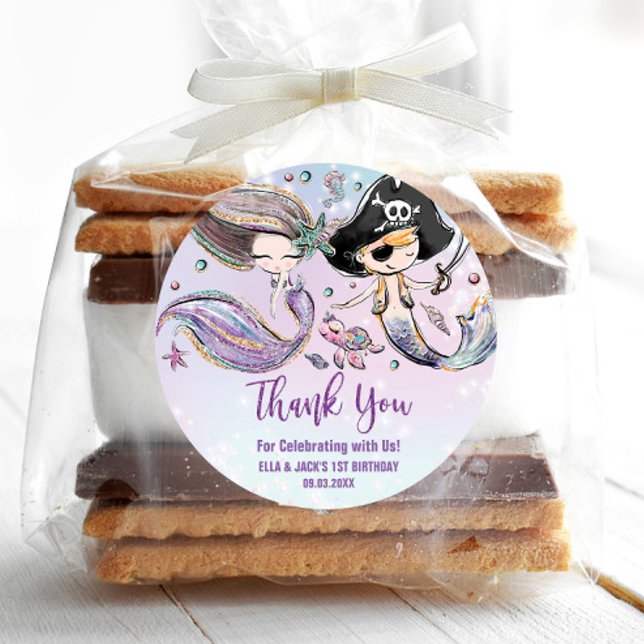 Mermaid and Pirate Under the Sea Birthday Favor  Classic Round Sticker (Creator Uploaded)