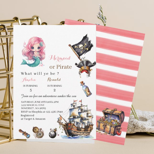 Mermaid and Pirate watercolorbirthday paInvitation Invitation (Creator Uploaded)