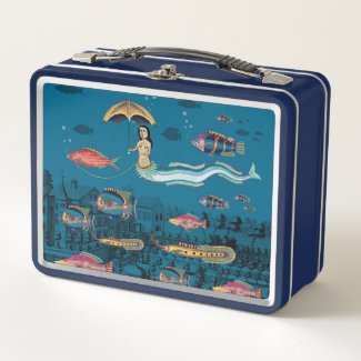 Mermaid and red fish pet metal lunch box