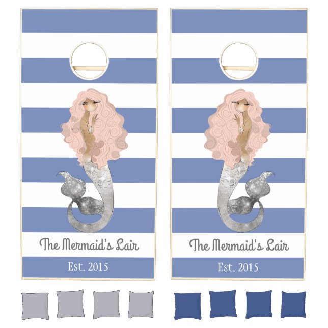 Mermaid and Rugby Stripes Coastal Cornhole Set (Set)