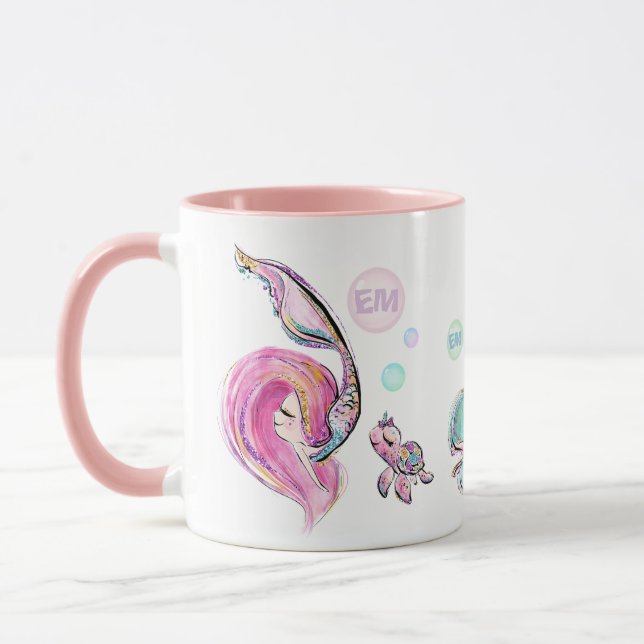 Mermaid and Sea Turtle Friends, Add Initials Girls Mug (Left)